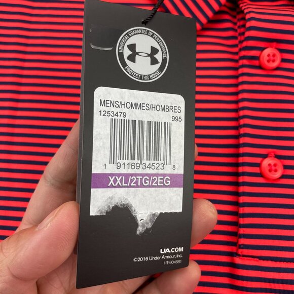 New Under ARMOUR Golf Shirt Men 2XL Neon Orange Navy Blue Stripes Heat Gear NWT - Picture 6 of 15